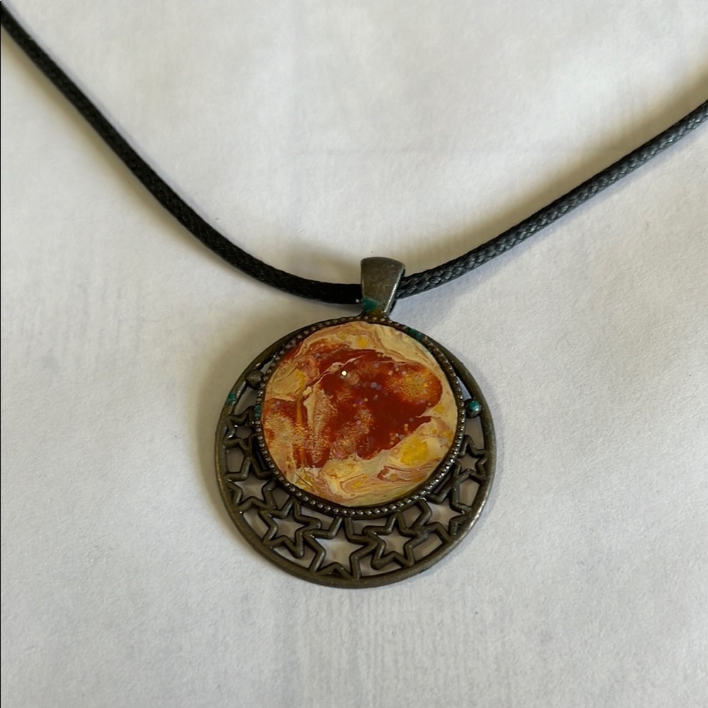 Elegant Black and Orange Acrylic Pour Pendant Necklace - Picture 2 of 2